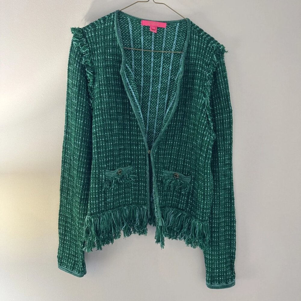 Lilly Pulitzer Womens L Fringe Cardigan Jacket Bright Green Blue Exotic Tweed